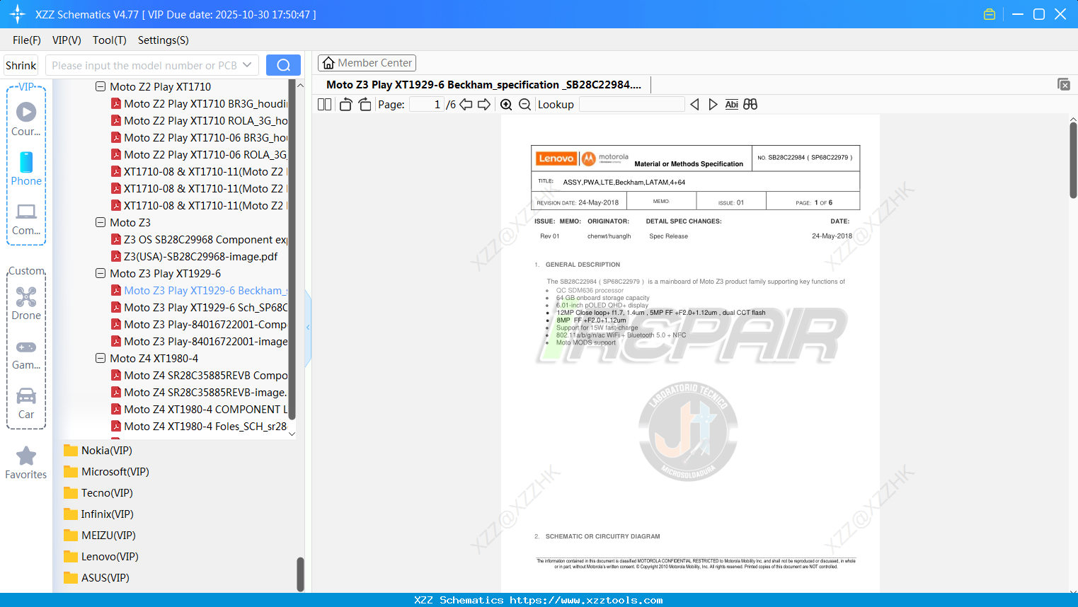 Motorola Moto Z3 Play XT1929-6 Beckham_specification _SB28C22984